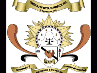 Omega Phi Beta Crest of their Greek letters surrounded by a sun and banners above and below